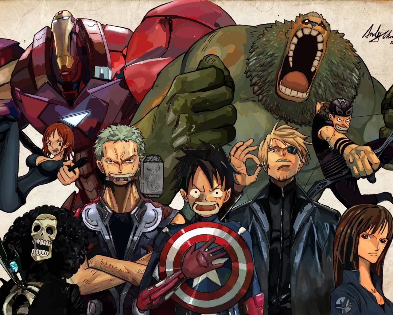 мстители, железный человек, халк, мугивары, one piece