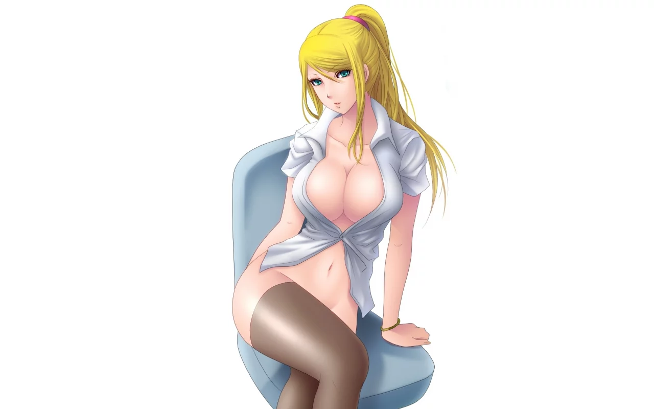 блузка, kuroma, грудь, samus aran, art, взгляд, чулки, девушка
