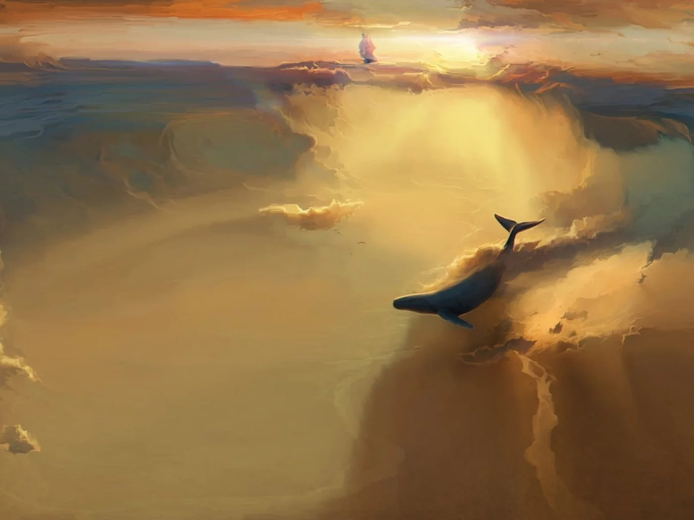 clouds, skies, whales, море, облака, кит, корабль