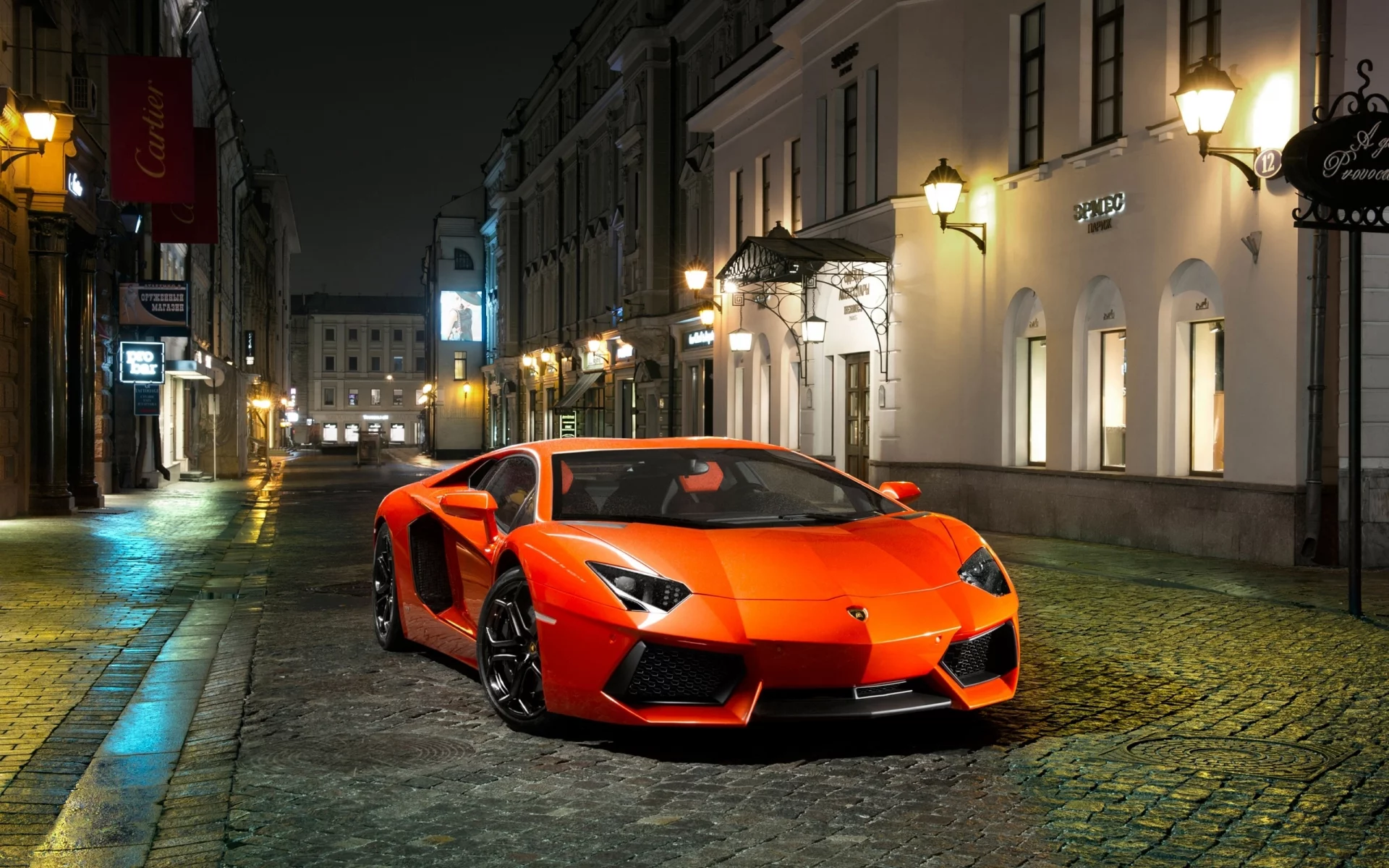 улица, спорткар, оранжевый, lp700-4, lamborghini, aventador, ночь