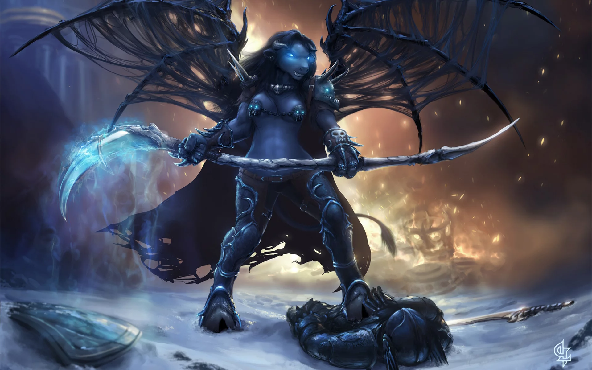 world of warcraft, wow, фанарт, коса, deathknight, таурен, крылья, pvp