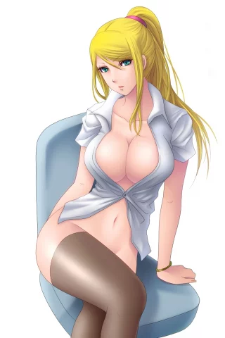 блузка, kuroma, грудь, samus aran, art, взгляд, чулки, девушка