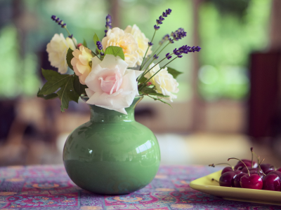 ваза, вишня, цветы, натюрморт, стол, летний, букет