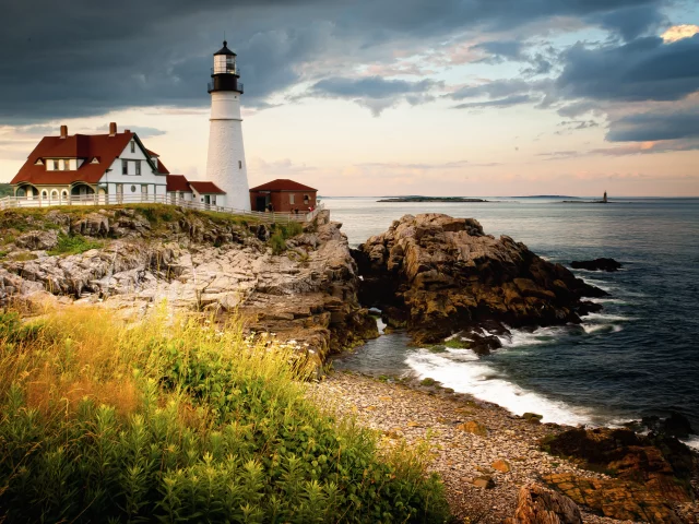 побережье, maine, portland head light, cape elizabeth, маяк, залив мэн