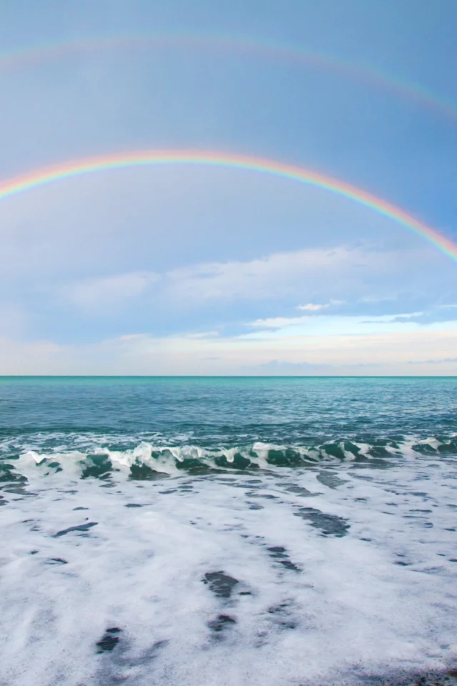 радуга, природа, вода, горизонт, волна, море, волны