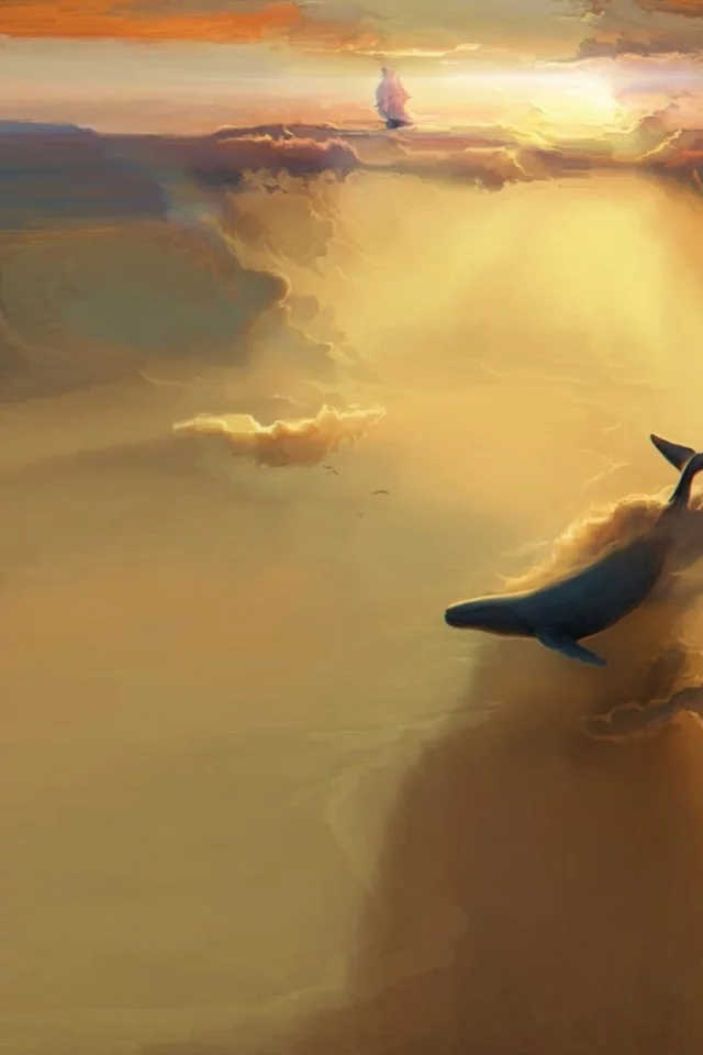 clouds, skies, whales, море, облака, кит, корабль