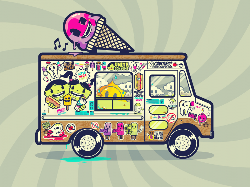 цвета, лужа, мороженое, наклейки, фургон