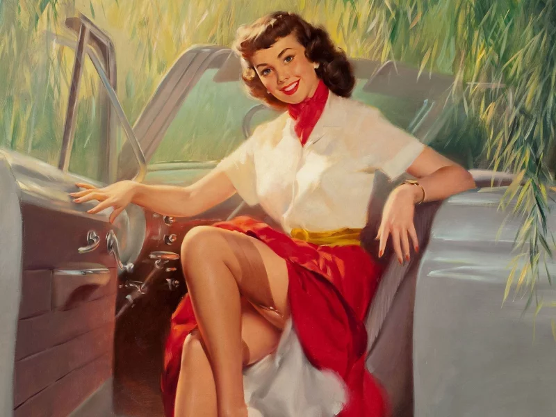 браслет, ретро, девушка, юбка, bill medcalf, машина, улыбка