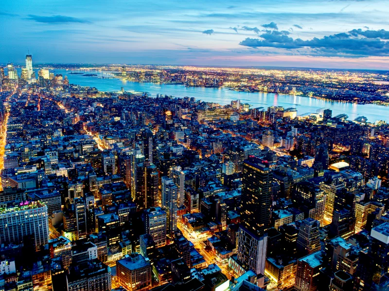 небоскребы, город, река, вечер, new york, огни