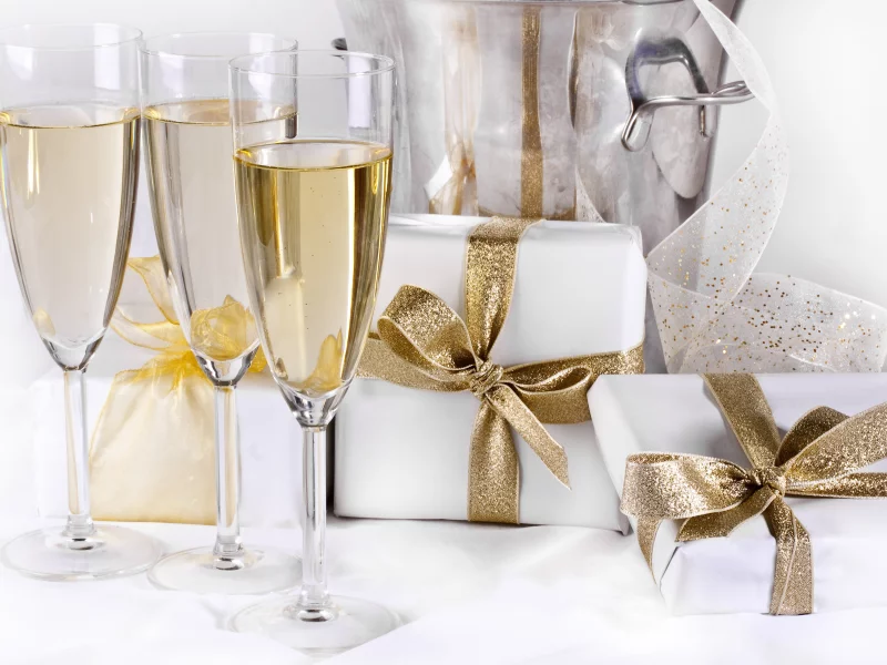 ribbon, happy new year, holiday, champagne, merry christmas, boxes, gifts, christmas
