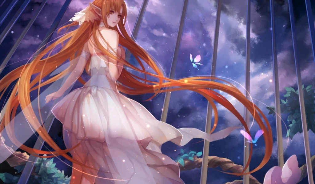 арт, ночь, sword art online, yuuki asuna, платье, девушка, уши, asukaziye