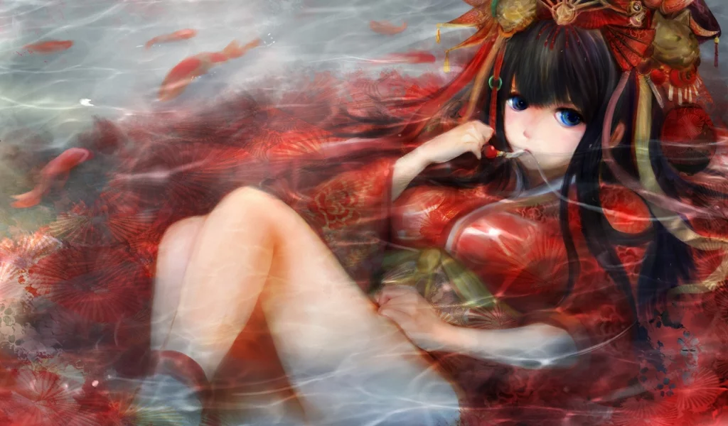 пруд, zhang xiao bo, золотые, арт, рыбы, вода, караси, девушка