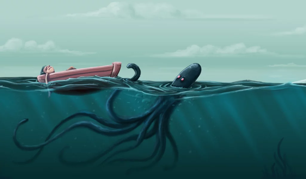 человек, море, осьминог, волны, лодка