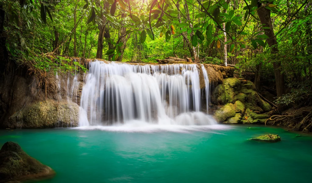 landscape, sky, sea, waterfall, beautiful, clouds, lake, , deep forest, trees, nature, leaves