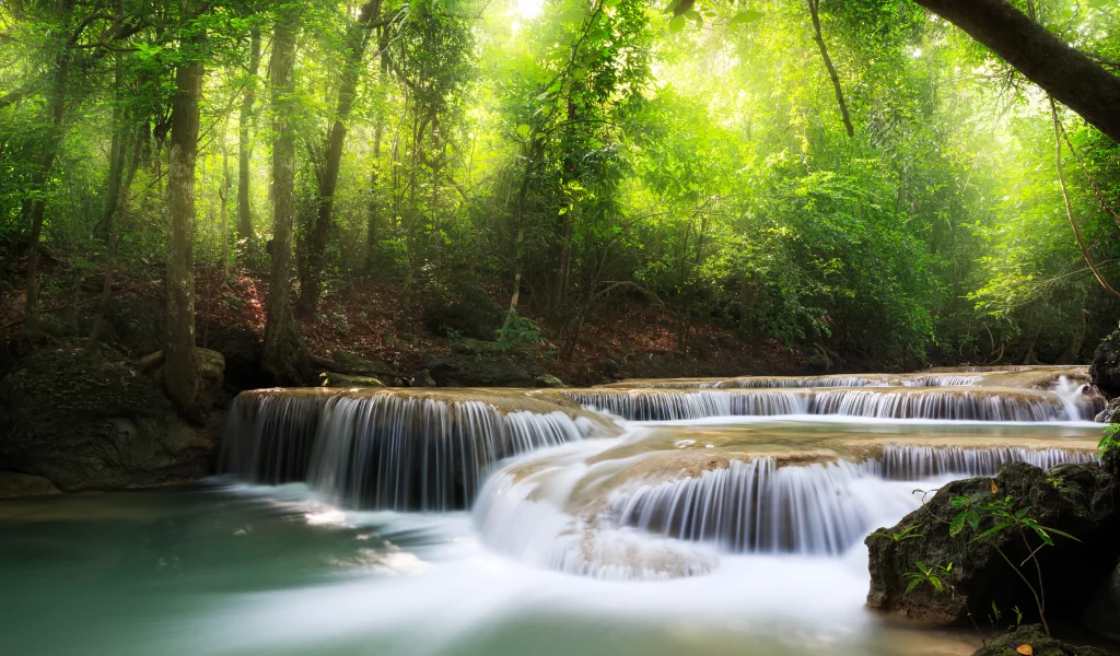 sky, waterfall, deep forest, landscape, beautiful, sea, clouds, trees, lake, nature, leaves, 