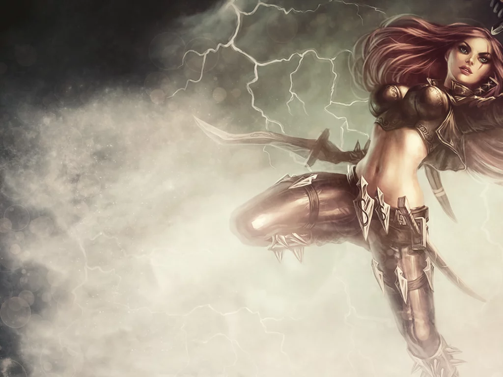 девушка, katarina, прыжок, мечи, молния, league of legends, арт