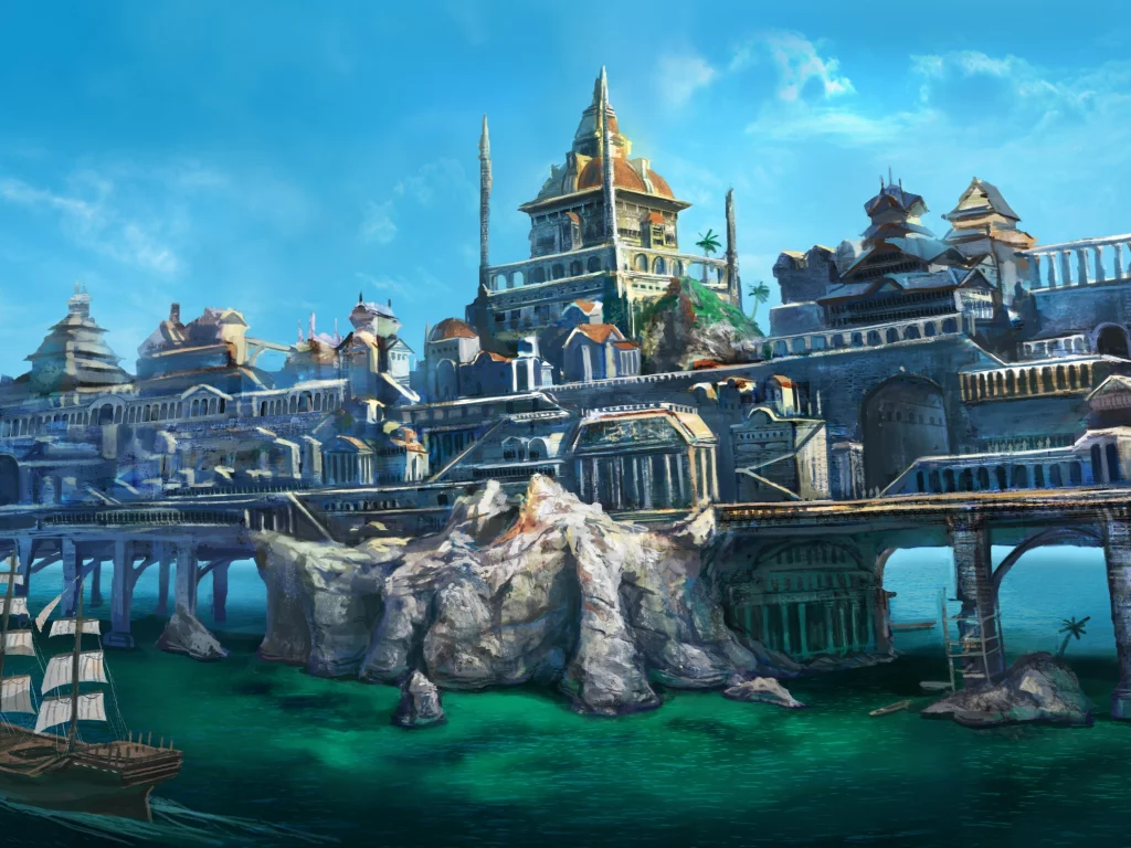 корабль, скалы, мост, пейзаж, арт, arvalis, город, дома, море