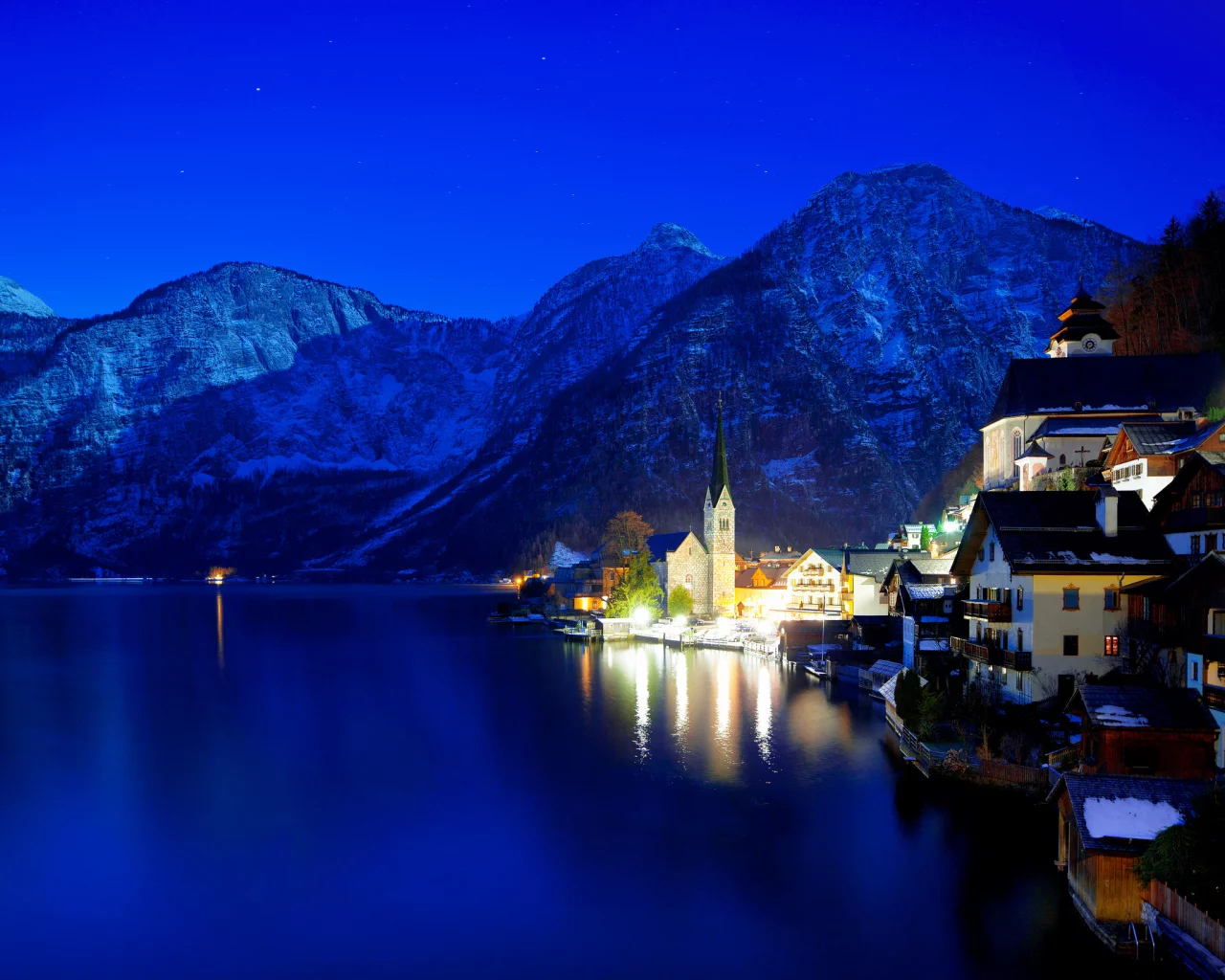 огни, ночь, зима, австрия, hallstatt 
