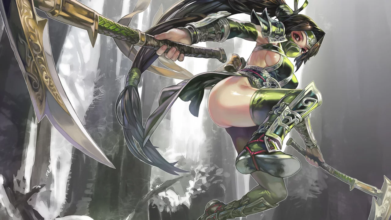 aoin, оружие, akali , прыжок, league of legends, девушка, арт, omegaboost