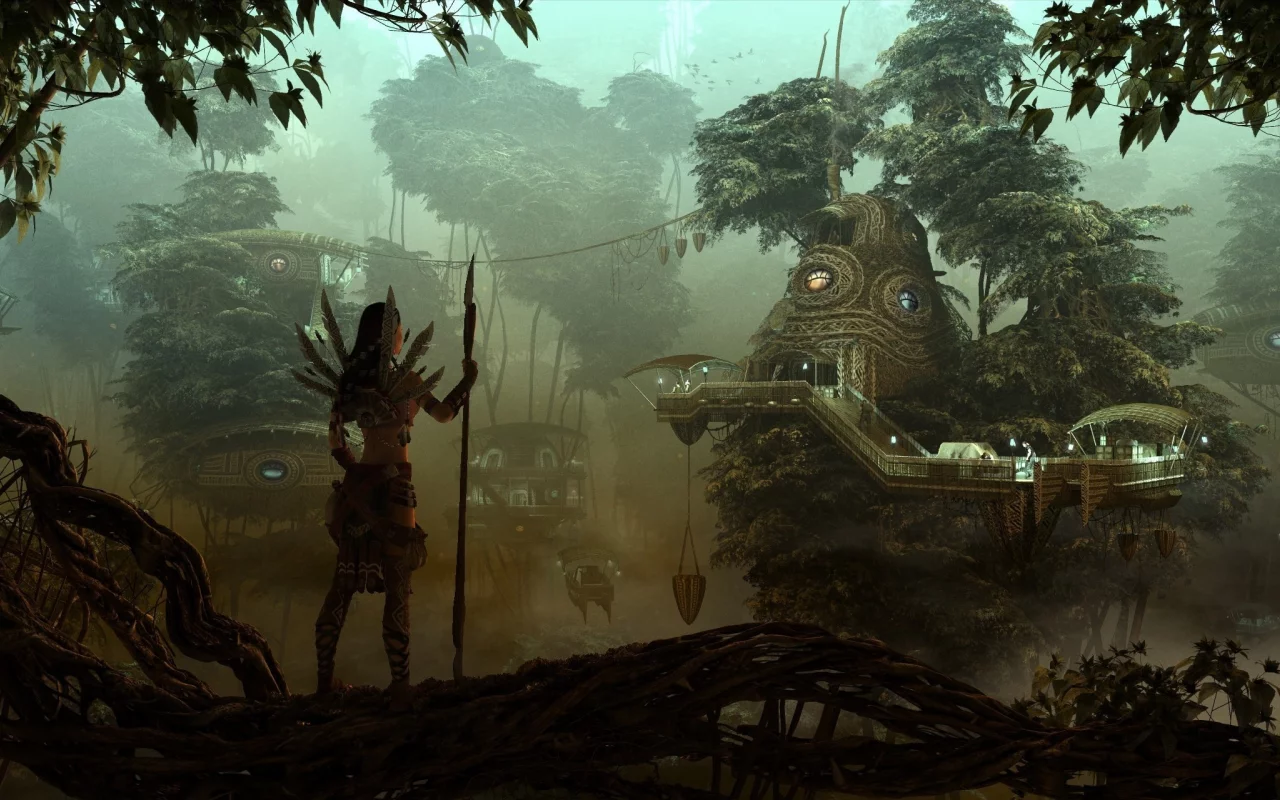forest, fantasy, rendering, девушка, girl, hunter, охотница, evening, лес, city