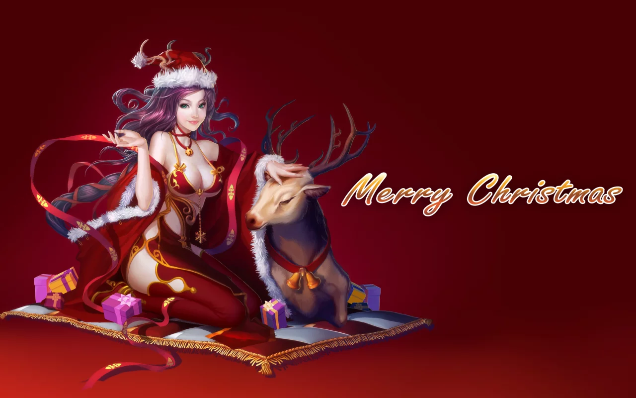 олень, шапка, девушка, merry christmas, подарки, взгляд, коврик