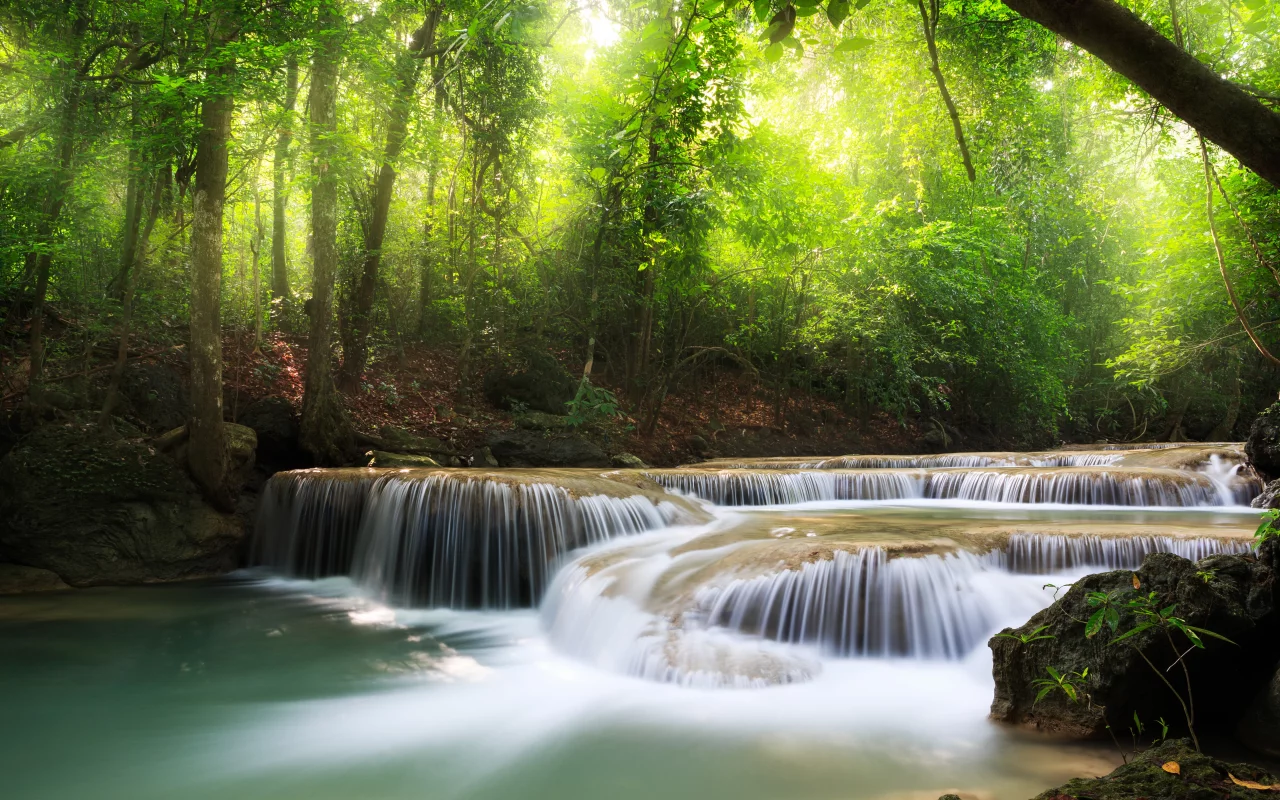 sky, waterfall, deep forest, landscape, beautiful, sea, clouds, trees, lake, nature, leaves, 