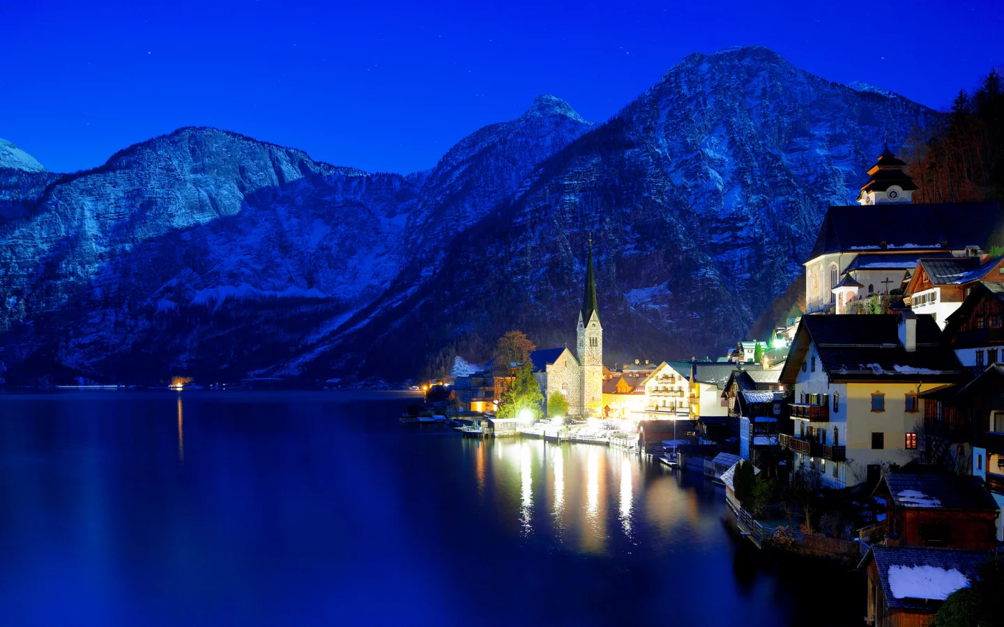 огни, ночь, зима, австрия, hallstatt 