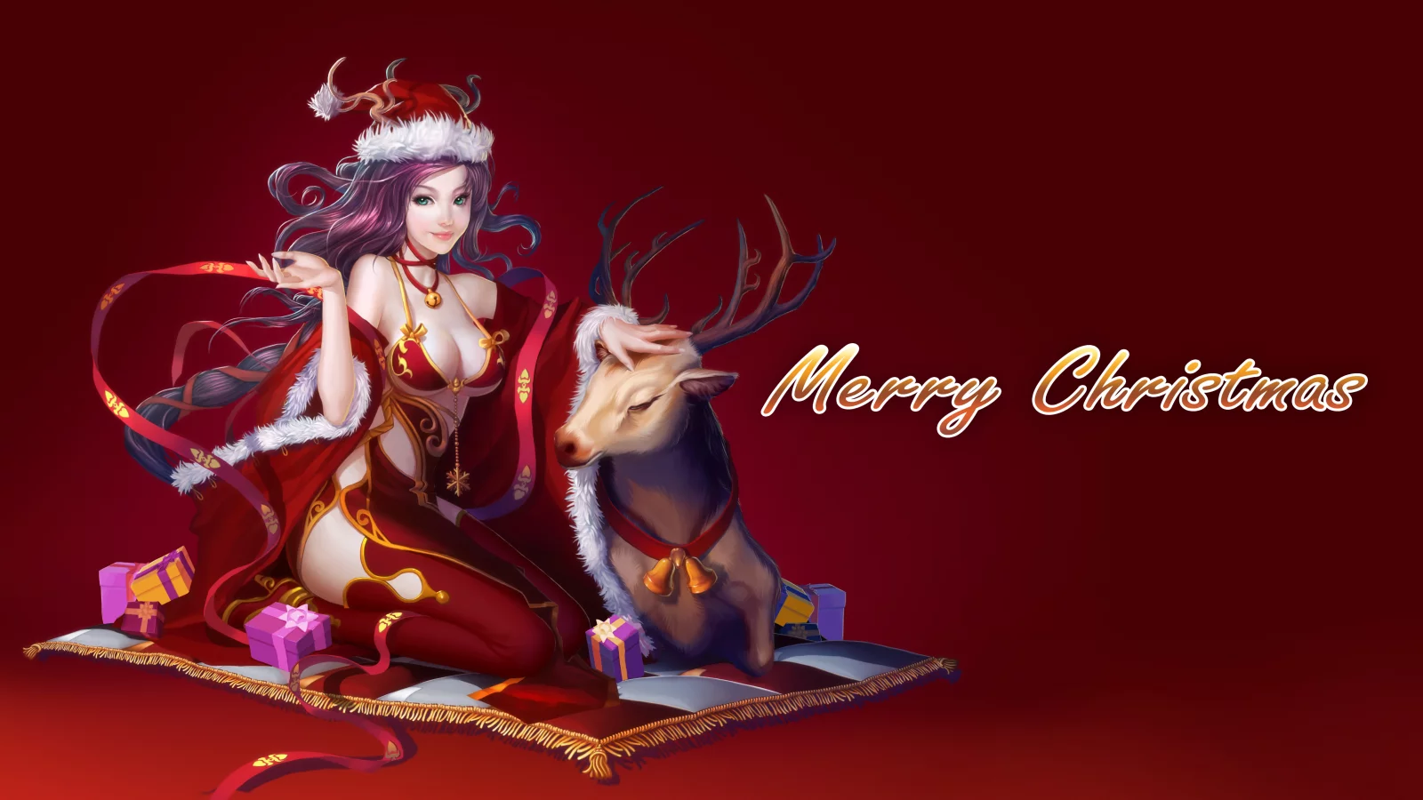олень, шапка, девушка, merry christmas, подарки, взгляд, коврик