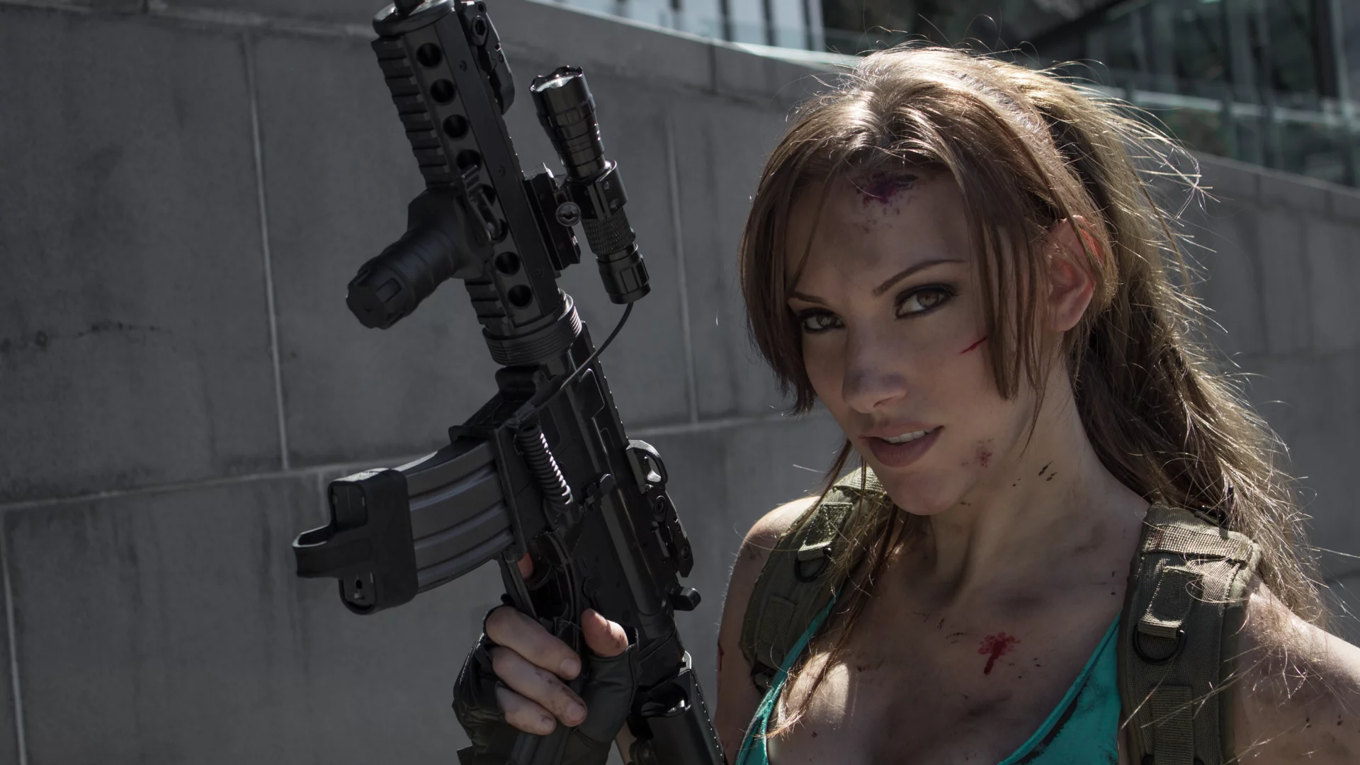 кровь, девушка, автомат, косплей, оружие, lara croft