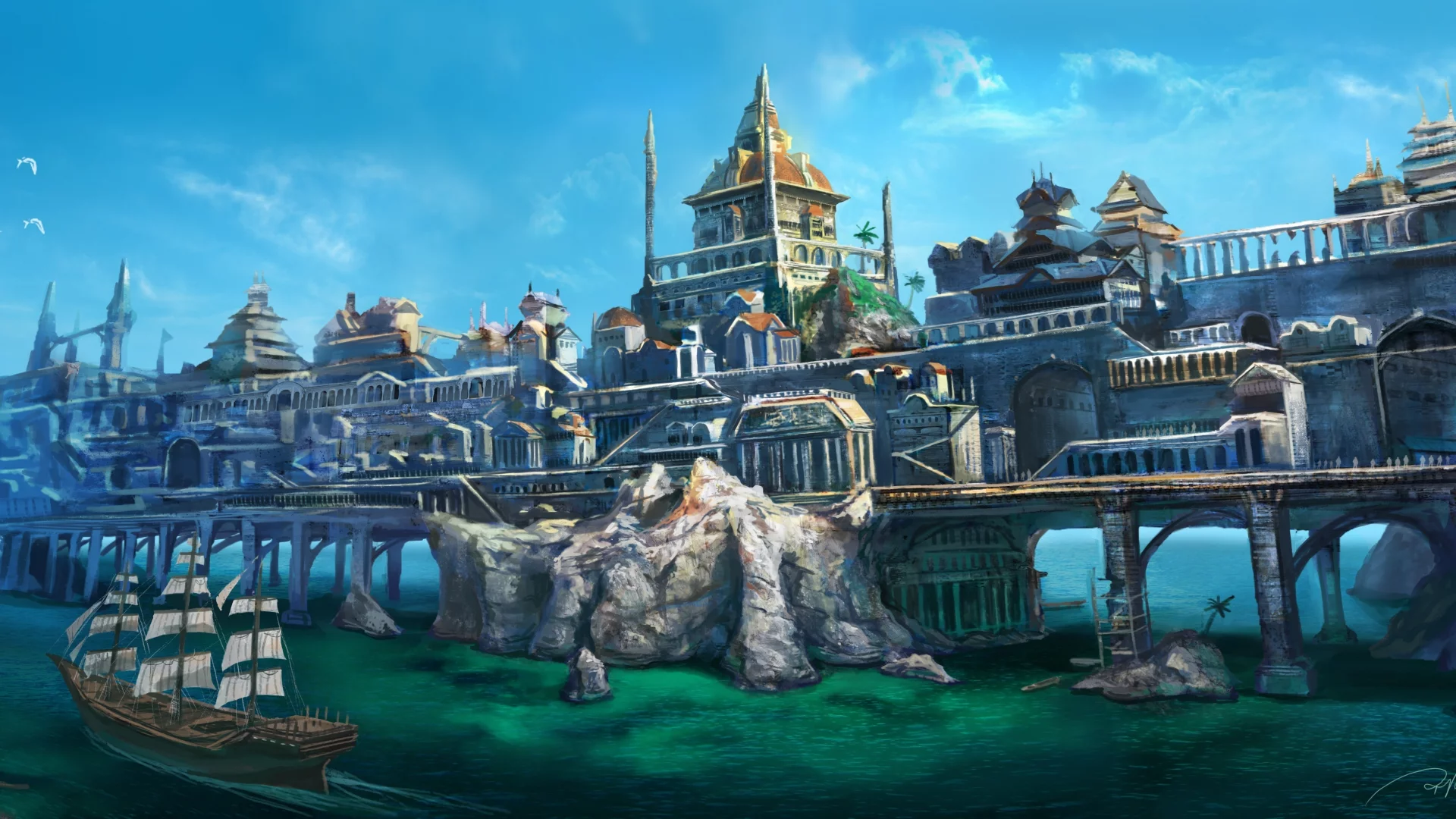 корабль, скалы, мост, пейзаж, арт, arvalis, город, дома, море