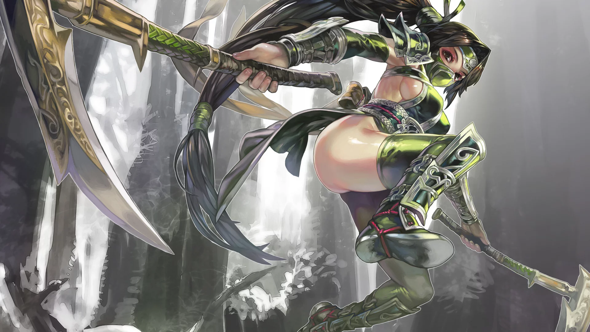aoin, оружие, akali , прыжок, league of legends, девушка, арт, omegaboost