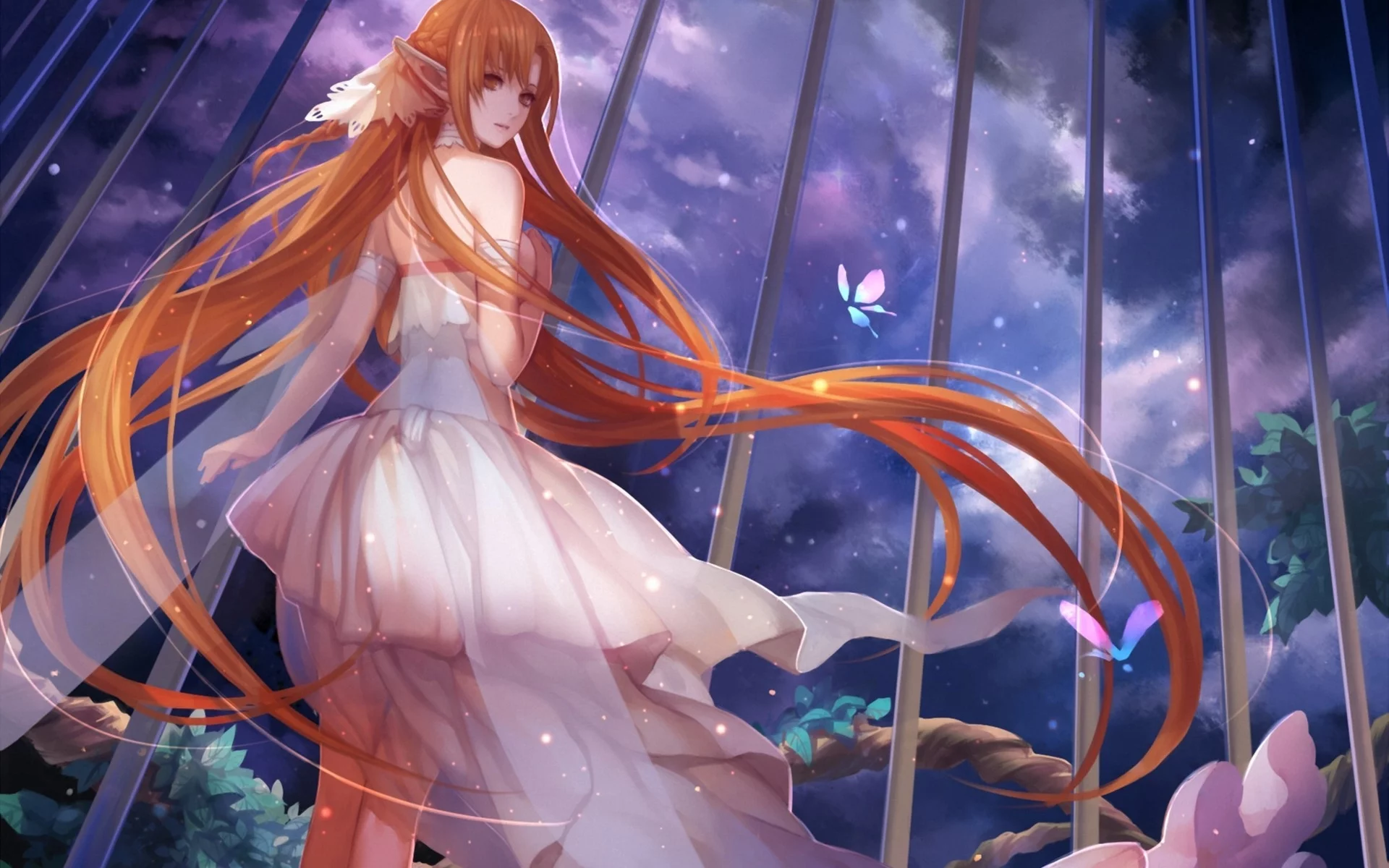 арт, ночь, sword art online, yuuki asuna, платье, девушка, уши, asukaziye