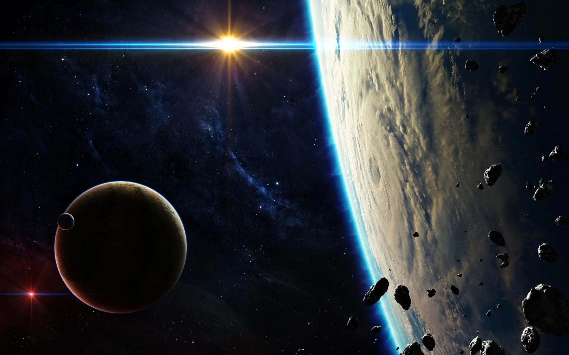 satellites, asteroids, light, blue, planets, sci fi