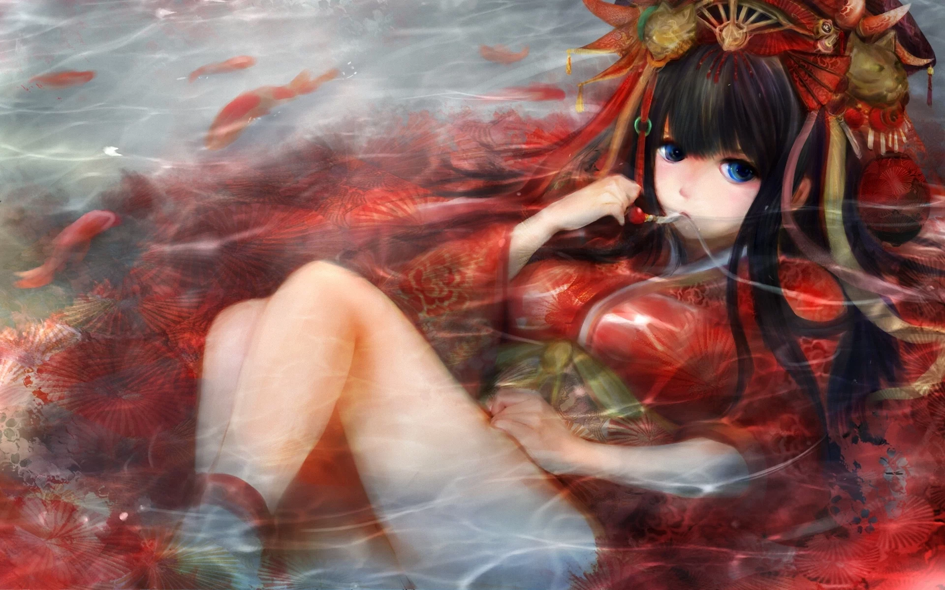 пруд, zhang xiao bo, золотые, арт, рыбы, вода, караси, девушка