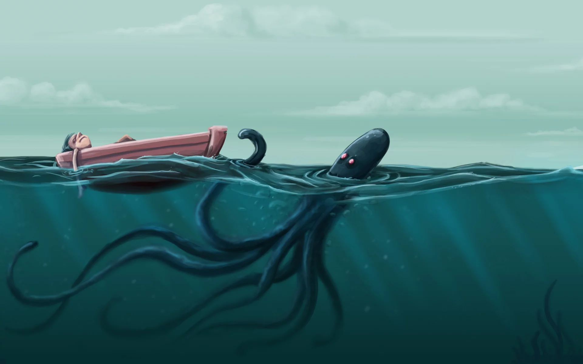 человек, море, осьминог, волны, лодка