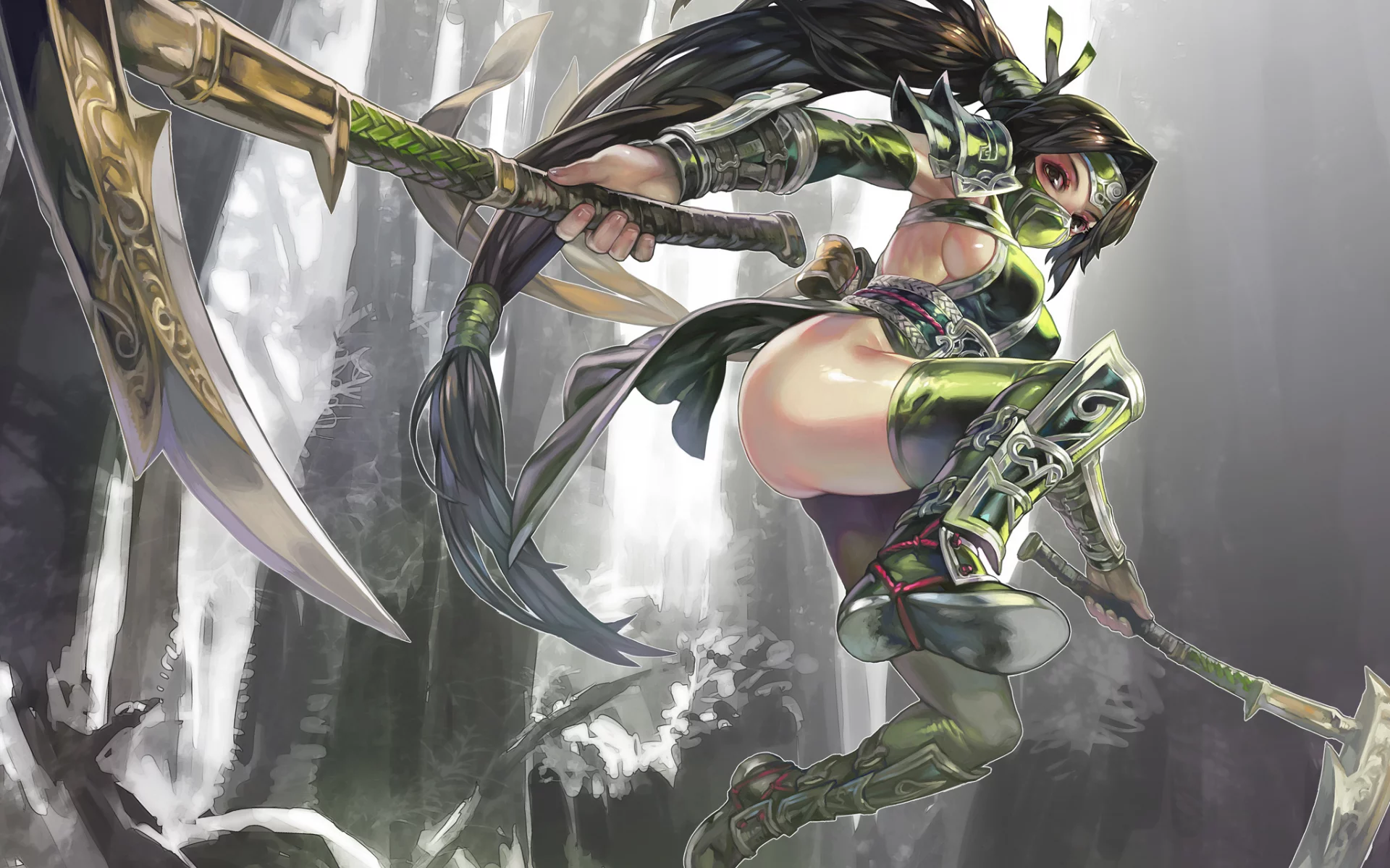 aoin, оружие, akali , прыжок, league of legends, девушка, арт, omegaboost