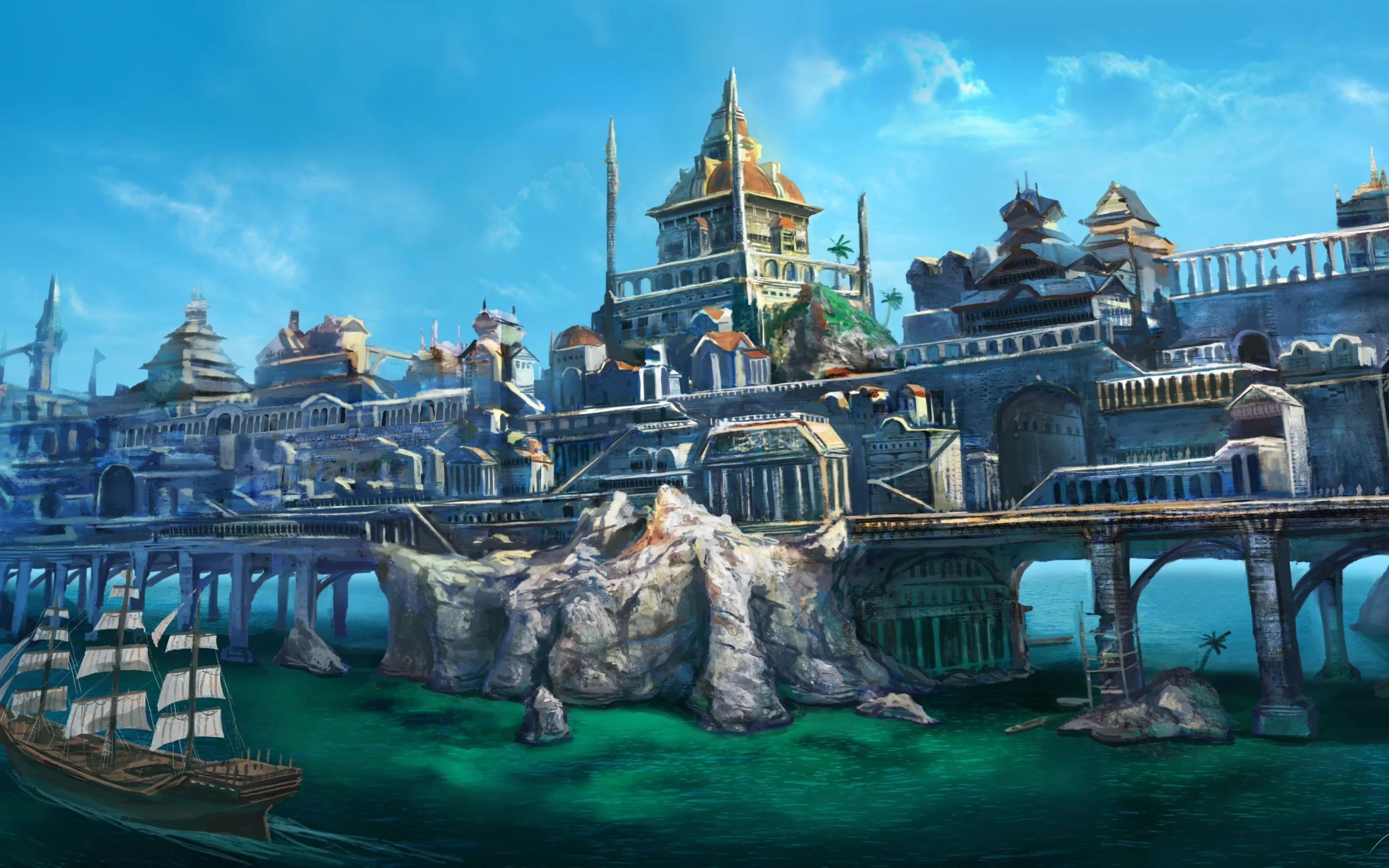 корабль, скалы, мост, пейзаж, арт, arvalis, город, дома, море