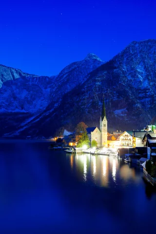 огни, ночь, зима, австрия, hallstatt 