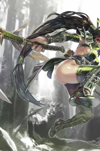 aoin, оружие, akali , прыжок, league of legends, девушка, арт, omegaboost