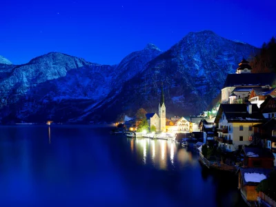 огни, ночь, зима, австрия, hallstatt 