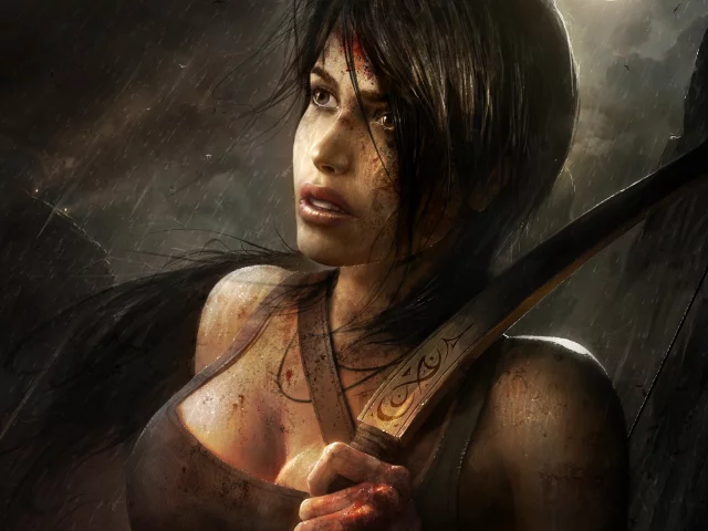 лук, tamplierpainter, tomb raider, lara croft, reborn, арт, кровь, девушка