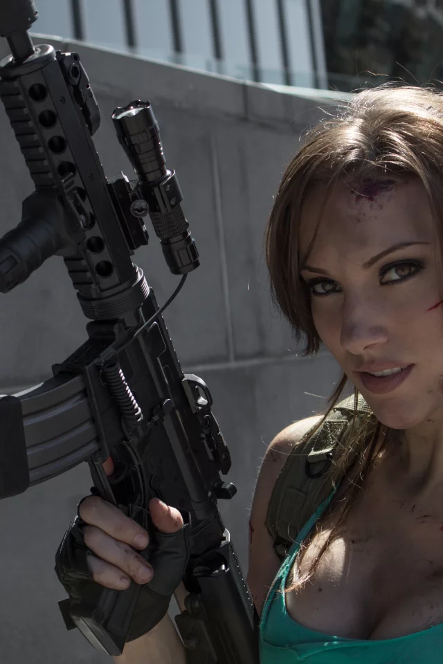 кровь, девушка, автомат, косплей, оружие, lara croft