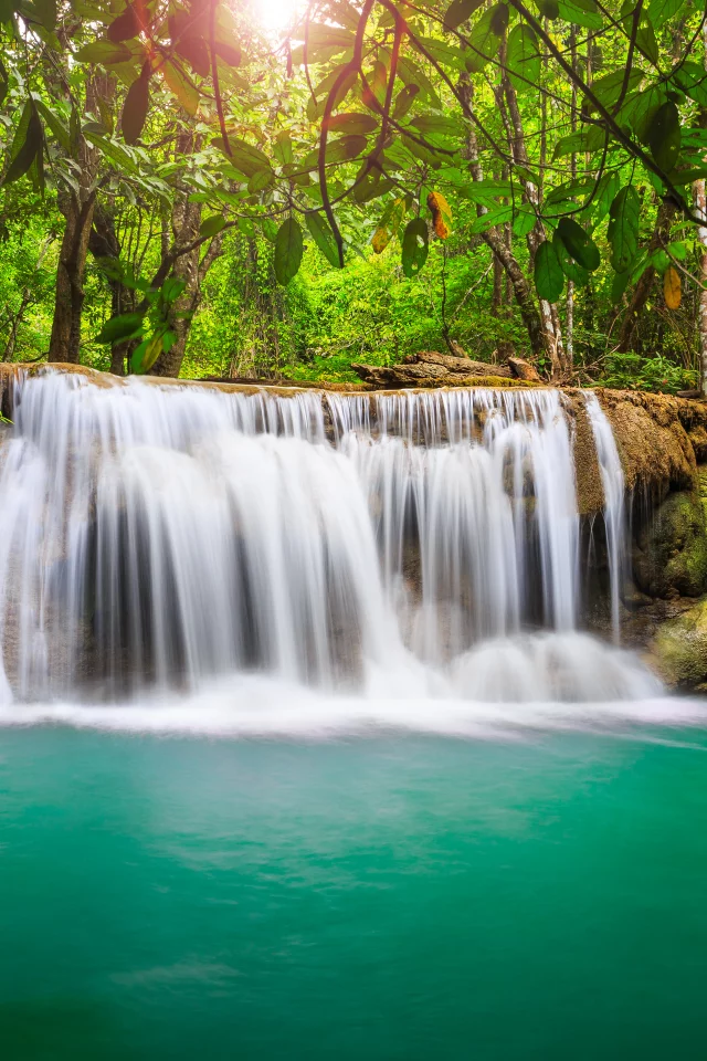 landscape, sky, sea, waterfall, beautiful, clouds, lake, , deep forest, trees, nature, leaves