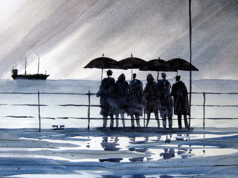 люди, море, акварель, картина