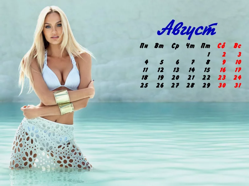девушки, блондинка, вода, купальник, календарь, август, лето