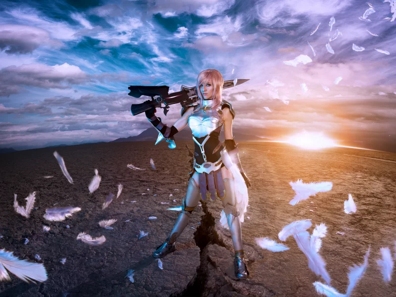 перья, косплей, воительница, lightning, lyz brickley, final fantasy xiii-2