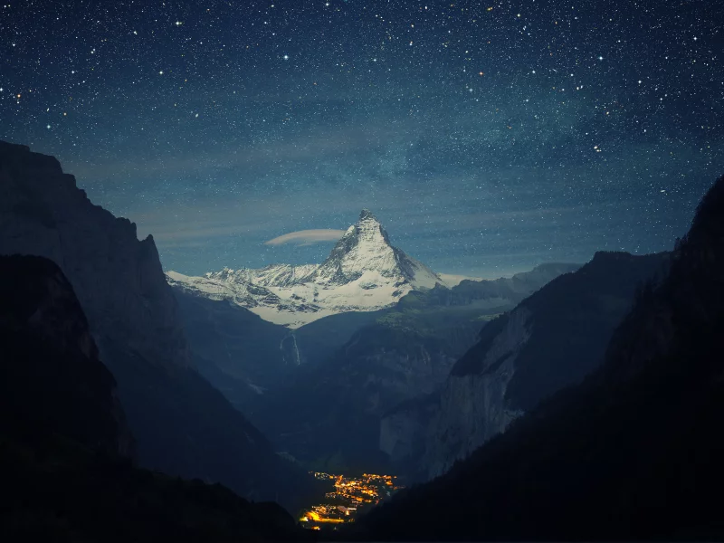 городок, matterhorn, switzerland, alps, долина, ночь, горы