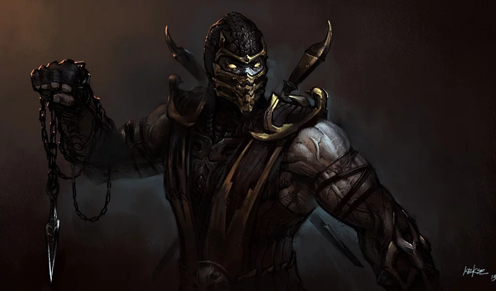 mortal kombat, цепь, друщие, арт, нож, scorpion, маска