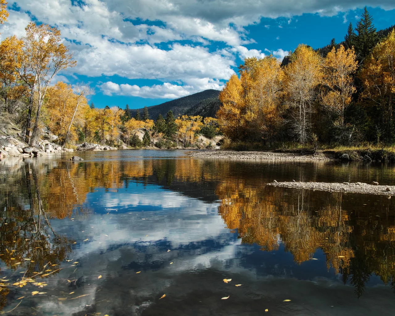 река, облака, осень, природа, небо, лес