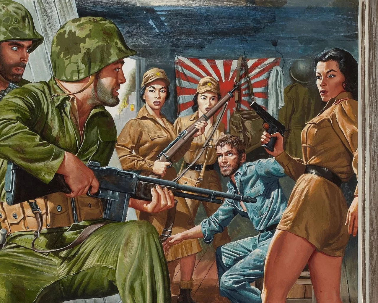 флаг, пленник, арт, девушки, японские военнослужащие